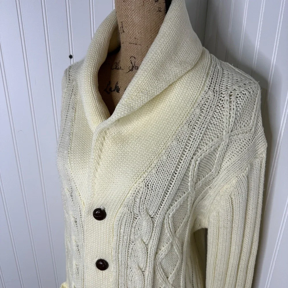 Vintage Unicorn Cable Knit Cardigan Sweater Cream Shawl Collar Fisherman Sz M